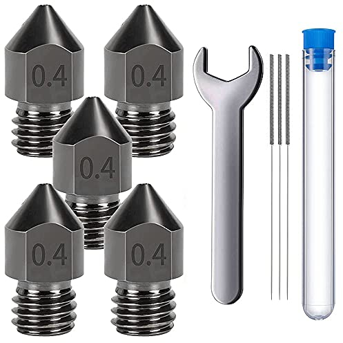 MMOBIEL 5 Stück 0,4 mm gehärteter Stahl MK8 3D-Drucker-Düsen Extruder kompatibel mit Creality Ender 3 Serie, Ender 5 Serie, CR-10/10S, Makerbot, Anet A8 inkl. 3 Reinigungsnadeln und Schraubenschlüssel