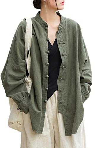 Aeneontrue Women's Linen Oversized Blouses Vintage Long Sleeve Jackets Loose fit Chinese Frog Shirts Green Large