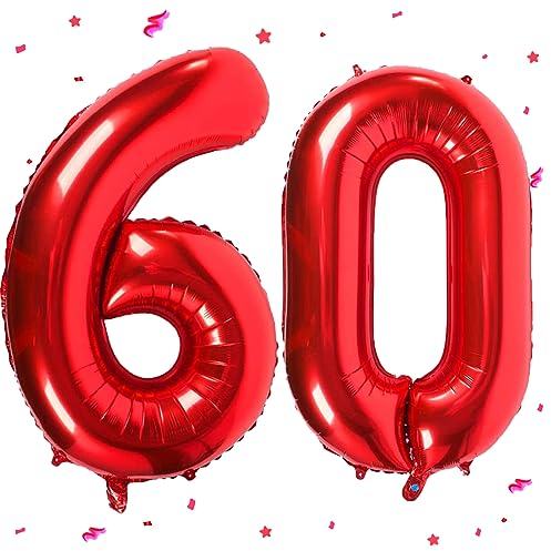 WOIRROIP Luftballon 60. Geburtstag Rot, XXL Riesen Rot Folienballon 60 für Frauen,40 Luftballon 60. Geburtstag,Zahlen 6 und 0 Folienballon für 60 Jahre Geburtstagsdeko Jubiläum Party Dekoration