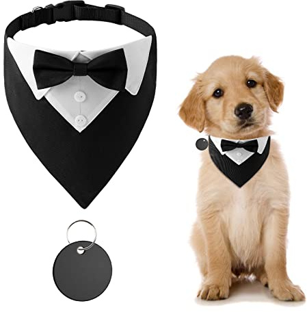 URROMA 1 Piece Formal Dog Tuxedo Bandana, Dog Wedding Collar with Bow Tie and Neck Tie Adjustable Black Pet Costume Bowtie Neckerchief for Small Dogs and Cats, S