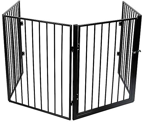 Metall Hundegitter, Kaminschutzgitter Metall mit Tür, Absperrgitter Ofenschutzgitter Faltbar, Konfigurationsgitter für Kinder-Sicherung, Tierschutzgitter. (4 Stück schwarz 240 * 2.5 * 75cm)