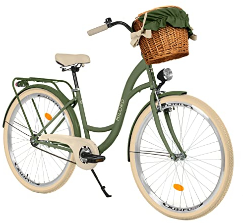 Balticuz OU Milord Komfort Fahrrad mit Weidenkorb, Hollandrad, Damenfahrrad, Citybike, Retro, Vintage, 28 Zoll, Grün-Creme, 1-Gang