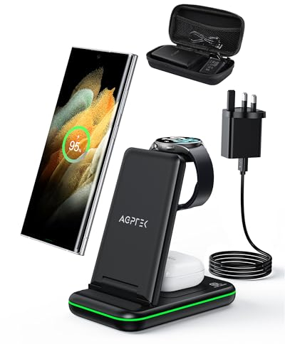 AGPTEK 3 in 1 Wireless Charger für Samsung, Faltbare Induktive Ladestation für Samsung Galaxy Watch 6/5/4/3, Samsung S24/23/22/21/20/Z Flip 5/Z Fold 5, Galaxy Buds, Aufbewahrungstasche, 18W Adapter