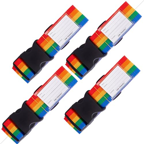 OW-Travel Koffergurt Schwerlast mit Adressschild - Personalisierter Gepäckgurt, Kofferbänder 4 Stück in Regenbogen