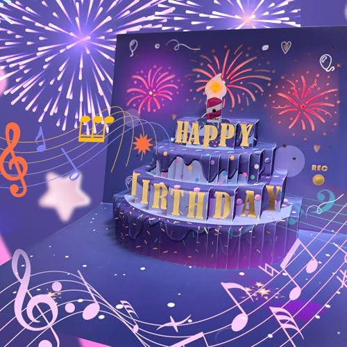 Geburtstagskarte mit Musik & Licht & bespielbar & Kerzen ausblasen Happy Birthday Grußkarte 3D Pop Up Grußkarten Geburtstagsgeschenke für Frauen/Männer/Eheman/Kinder Grußkarten mit Umschlägen (Blau)