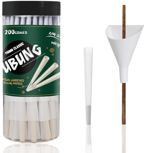 UBUNG 200 Pcs White Cones, White King Size Pre Rolled Cones with Tips, Slow Type White Rolling Paper Cones, Including 1 Funnel Cone Loader and 1 Push Rod