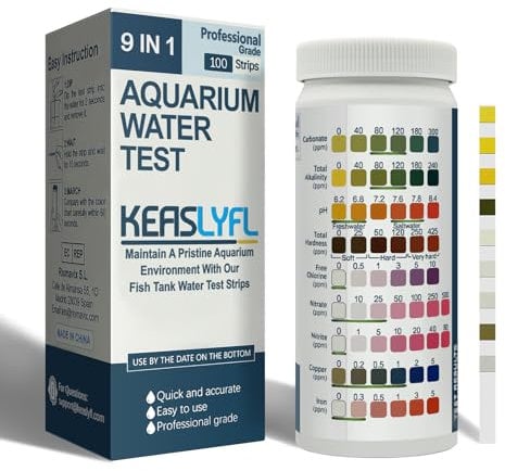 Aquarium Test Strips,100 Strips 9 in1 Saltwater and Freshwater Aquarium Test Kit for Aquarium,Pond and Fish tank,Testing Carbonate,Alkalinity,pH,Hardness,Free Chlorine,Nitrate,Nitrite,copper and Iron.
