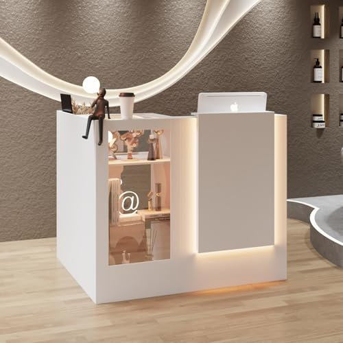 Table de réception d'angle avec tiroir clavier, table de réception en forme de L avec 3 lumières colorées, comptoir de réception avec vitrines en verre, table de réception, comptoir de réception,