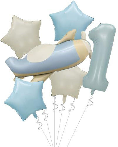 Tourima 6 Stück 1. Geburtstag Junge Flugzeug Luftballon Set, für Deko 1. Geburtstag Junge Mädchen, Geburtstagsdeko 1 Jahr, für Kindergeburtstag Deko Folienballon 1, First Birthday Decorations