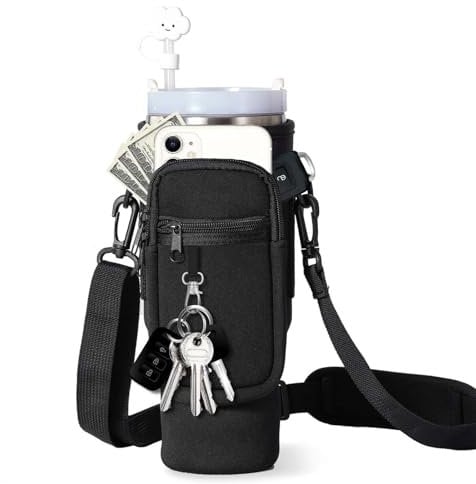 Marjoramy Sac pour Bouteille d'eau pour Tasse Stanley, Pochette De Bouteille avec Pochette De Téléphone Portable, Mousqueton Et Bandoulière Réglable pour Randonnée, Voyage, Camping (Noir)
