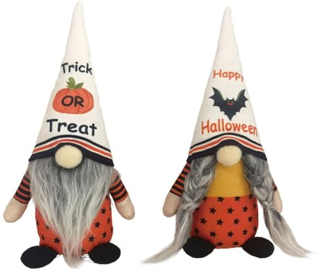 Steowsey 2 Piece Halloween Decorations Halloween Gnomes As Shown Cloth 28x12cm Handmade Gnomes Plush Decor with Bat Pumpkin, Home Dinning Table Gnome Ornament