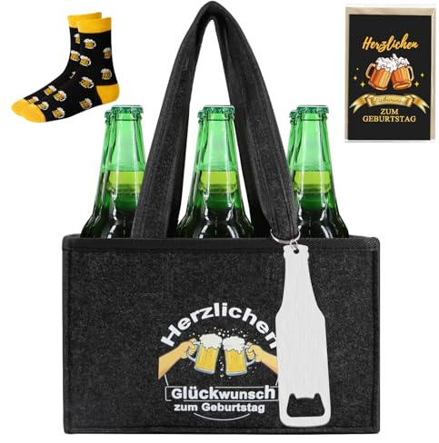 Yeria Männerhandtasche Bier 6 Flaschen - Geschenkset mit Metall Flaschenöffner, Personalisierter Bierkarte Socken - Lustiges Geburtstagsgeschenk für Männer, Vatertag, Oktoberfest (Dunkelgrau)