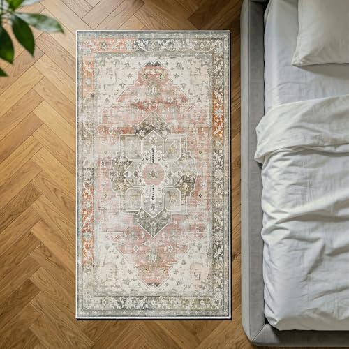 Decoranddecor Vintage Kitchen Rug 80x150cm Washable Bedroom Non-Slip | Beige Kitchen & Bedroom Rug, Machine Washable Rug, Area Rug, 6mm Low Pile, Pet Friendly, Stain Resistant