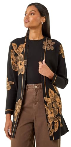 Roman Originals Contrast Floral Print Cardigan for Women UK - Ladies Everyday Autumn Winter Comfy Soft Evening Vacation Work Party Night Out - Black - Size 12