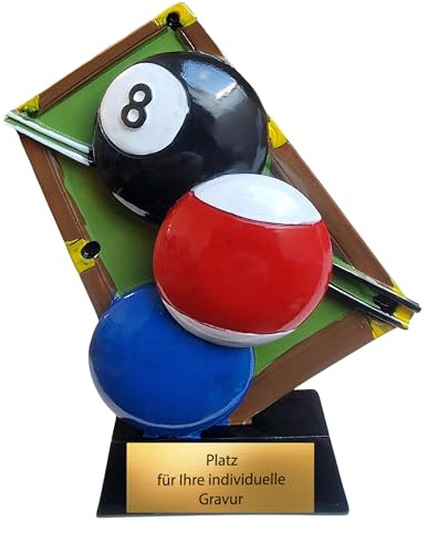 Billard Pokal 12 cm aus Resin - 8-Ball Trophäe mit Queue für Turniere | Farbige Billardtrophäe mit 190 g Gewicht - inklusive individuellem Gravurschild für Pool, Snooker und Vereinsfeste