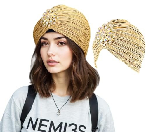 Luxiremi Damen Turban Hut mit Abnehmbarer Kristall Brosche 1920s Vintage Turban Hut Glitzer Elastische Kopf Wraps Gatsby Fasching Kostüm Accessoires Kristall Brosche Exotisch
