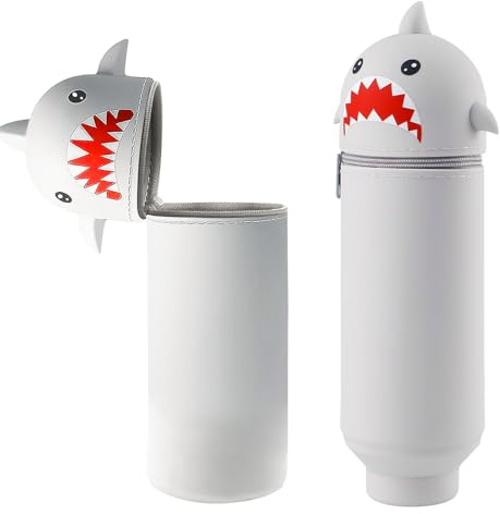 Kawaii Federmäppchen Weichem Silikon Federtasche Stehendes Design in Hai-Fo | Mäppchen Silikon Pencil Case 2 in 1 Grauer Hai Niedliches Federmäppchen Kawaii Pencil Leicht zu Tragen (Grau)