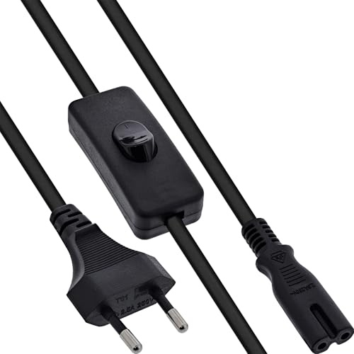 InLine Euro Netzkabel mit Schalter, Netzstecker CEE 7/16 zu IEC-C7, 2-polig, Stromkabel für AV-Geräte, schwarz, 5m, 16155