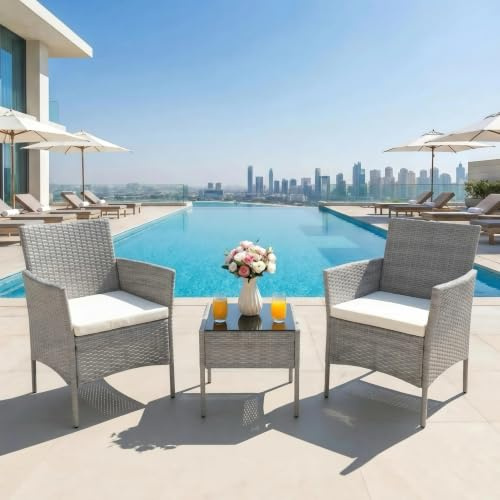 Alivio 2 Seater Outdoor Wicker Patio Chair with Cushions & Coffee Table, Weather-Resistant Rattan Seating Set for Garden, Balcony & Living Space (Grey)