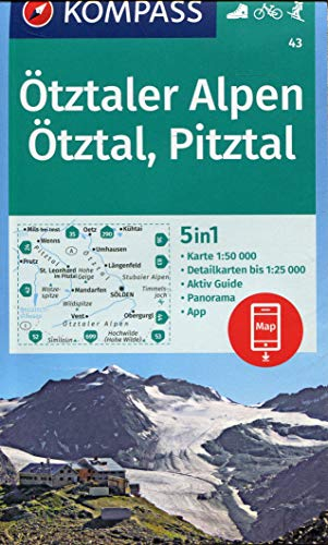 KOMPASS Wanderkarte Ötztaler Alpen, Ötztal, Pitztal: 5in1 Wanderkarte 1:50000 mit Panorama, Aktiv Guide und Detailkarten inklusive Karte zur offline ... Skitouren. (KOMPASS-Wanderkarten, Band 43)