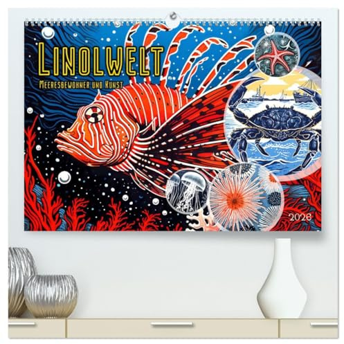 Linolwelt - Meeresbewohner und Kunst (hochwertiger Premium Wandkalender 2026 DIN A2 quer), Kunstdruck in Hochglanz: Meerestiere im Linolschnitt - Kunst und Natur (CALVENDO Tiere)