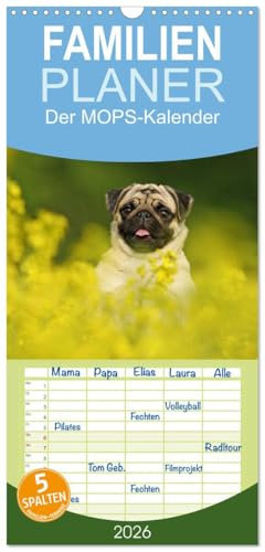 Familienplaner 2026 - Der MOPS-Kalender mit 5 Spalten (Wandkalender, 21 cm x 45 cm), CALVENDO: ... mit den süßen Möpsen durch das Jahr (CALVENDO Tiere)