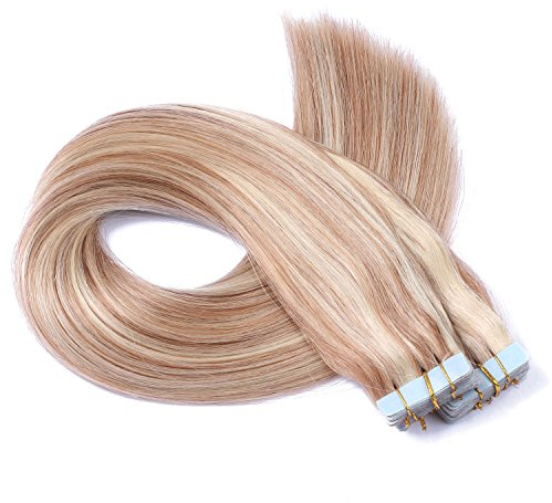 Tape In - On Hair Extensions - # 12/613 GESTRÄHNT - 60cm - 50 Tressen je 4cm Breit / 2,5g - 100% Remy Echthaar Haarverlängerung/Extention mit Klebeband Tressen by NOVON Hair Extentions