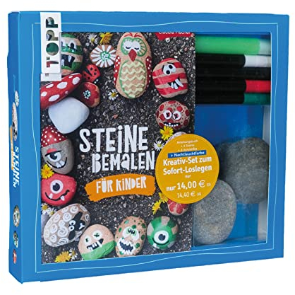 Kreativ-Set Steine bemalen für Kinder (Buch + Material): Buch mit Anleitungen und Material für 4 bemalte Steine. Mit Nachtleuchtfarbe