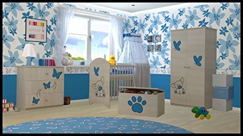 5 TLG Babymöbel-Set: Kinderbett + Matratze + Kleiderschrank + Kommode + Spielzeugkiste