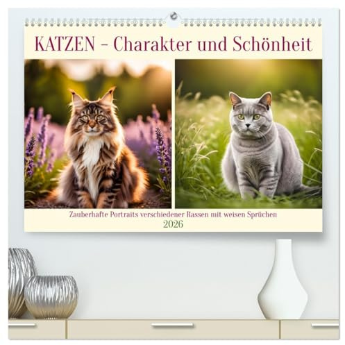 Katzen - Charakter und Schönheit (hochwertiger Premium Wandkalender 2026 DIN A2 quer), Kunstdruck in Hochglanz: Zauberhafte Portraits verschiedener Rassen mit weisen Sprüchen (CALVENDO Tiere)