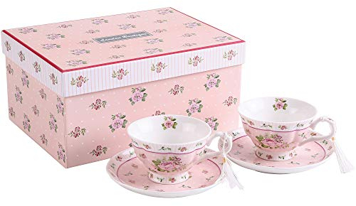 London Boutique Lot de 2 Tasses à café et soucoupes Vintage Flora Rose Lavande Coffret Cadeau en Porcelaine (Rose 2 pièces)