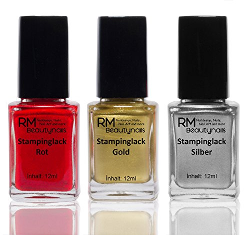Stampinglack Set 3x12ml Gold Rot Silber Stamping Lack Nagellack Nail Polish RM Beautynails
