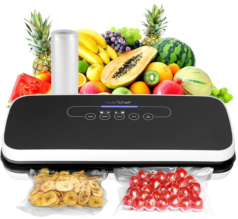 NutriChef Système de Scellage Automatique pour la Conservation des Aliments - Kit de Démarrage Inclus, Conception Compacte, Testé en Laboratoire, Modes Aliments Secs et Humides avec LED - Noir