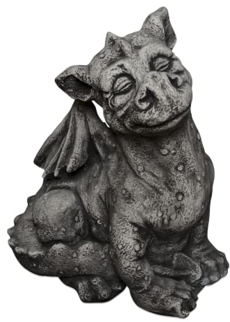 gartendekoparadies.de Lustiger Drache, Steinfigur, H. 30 cm, 9 kg, Grau, frostsicher aus Steinguss für Außenbereich