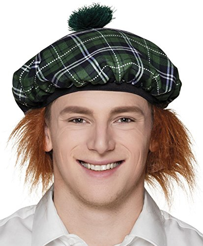 Boland - Barett Mister Tartan, Mütze mit Haar, Karo-Muster, Schotten-Kostüm, Accessoire, Karneval, Mottoparty, Grün