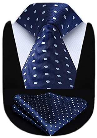 HISDERN Men's Blue Dot Wedding Tie & Pocket Square Extra Long Necktie and Handkerchief Set for Men Classic Fashion Business Navy Blue