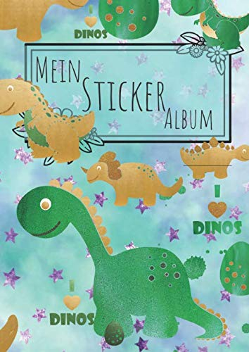 Mein Sticker Album: Motiv: Dino auf Regenbogen Hintergrund DIN A4 Format mit 40 Seiten für Mädchen und Jungen | Kein Silikonpapier zum wieder abziehen