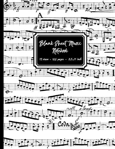 Blank Sheet Music Notebook: Black and White Musical Notes cover, 12 stave staff paper, 100 pages, A4 8.5x11 inch Music Manuscript Paper Musicians Notebook for composing music & writing music notation