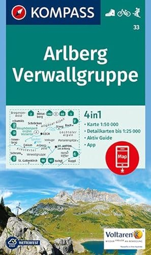 KOMPASS Wanderkarte Arlberg, Verwallgruppe: 4in1 Wanderkarte 1:50000 mit Aktiv Guide und Detailkarten inklusive Karte zur offline Verwendung in der ... Skitouren. (KOMPASS-Wanderkarten, Band 33)