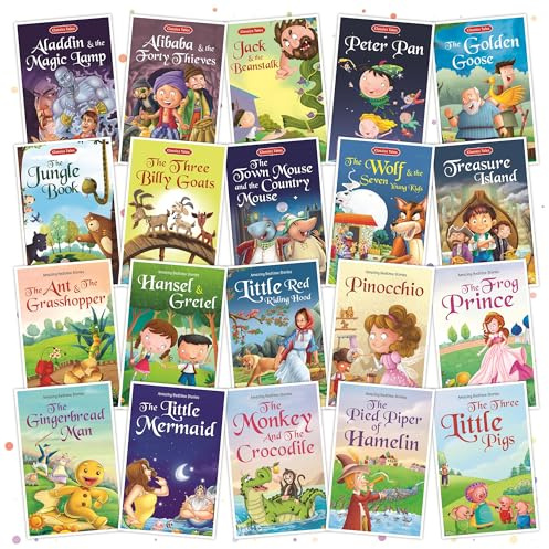 Set mit 20 klassischen Geschichten und Schlafenszeitgeschichtenbüchern, englische Kurzgeschichten für 3 Jahre, Pinocchio, drei kleine Schweinchen, Aladdin, Alibaba, Dschungelbuch und andere