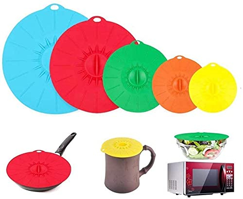 Voarge Coperchi in silicone, per pentole, padelle, tazze e microonde, con effetto ventosa, coperchio a vuoto per la cucina, set da 5 pezzi
