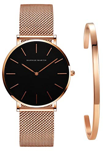 Kubagom Très Mince Montre pour Femme Quartz Étanche Acier Inoxydable avec Bracelet (Surface Noir, Ceinture Doré Rose,Bracelet Doré Rose)