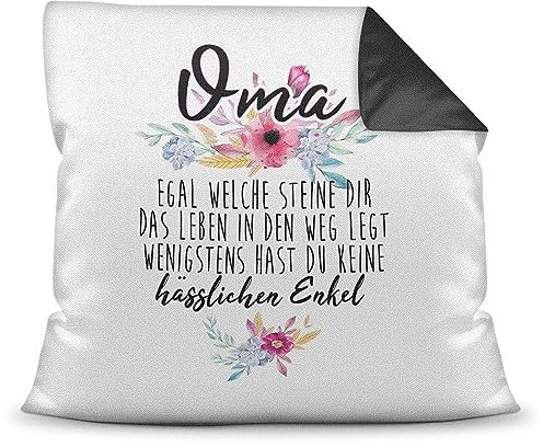 Kissen mit Spruch Oma - Wenigstens hast du keine hässlichen Enkelkinder - Geschenk-Idee/Witzig/Enkeltochter/Enkelsohn/Familie/40x40 - Rückseite Schwarz inkl. Füllung