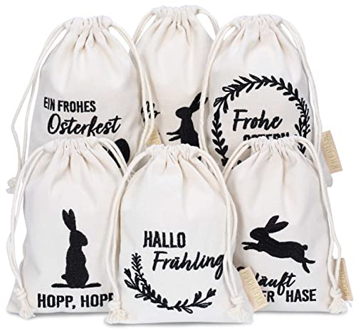 Papierdrachen 6 Leinensäckchen mit Aufdruck - Osterverpackung Geschenkverpackung Tischdeko - Stoffsäckchen zu Ostern - Hasen - 13x18 cm - Set 3