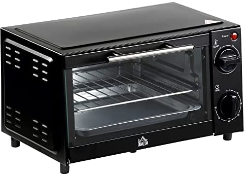 HOMCOM Mini Oven, 9L Countertop Electric Grill, Toaster Oven with Adjustable Temperature, Timer, Dishwasher Safe Baking Tray and Wire Rack, 750W, Black