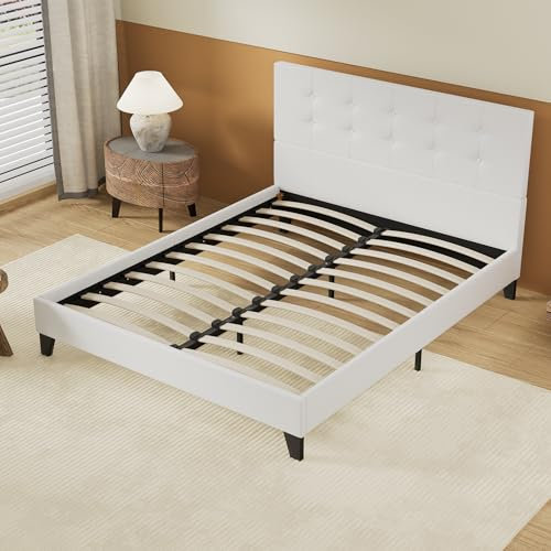 November- Lit avec sommier & Tête de lit capitonnée - 120 x 190cm - Revêtement synthétique Blanc- Stable et Robuste avec Pieds centraux de Renfort