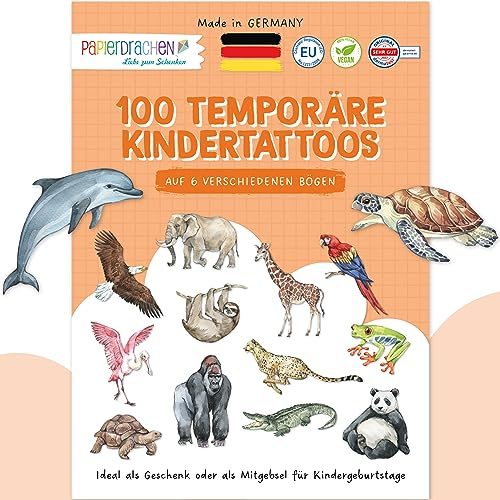 Papierdrachen 100 besonders hautfreundliche Kindertattoos - Tattoos Tiere der Welt - für Kinder - für Jungen und Mädchen - geprüft & made in Germany - Set 26