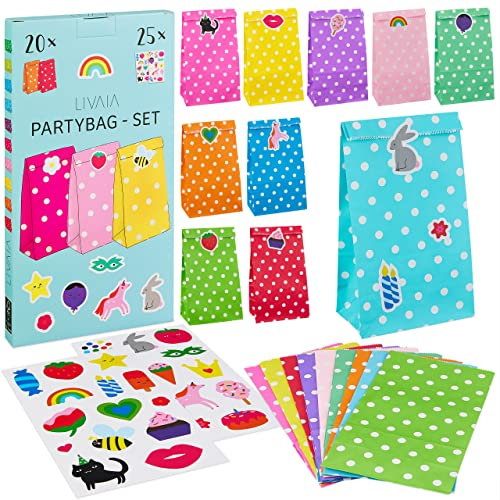 Geschenktüten Papier: 20 Bunte Papier Tüten zum Befüllen und 25 Sticker – Geschenktüten Kindergeburtstag Gastgeschenke – Tüten Kindergeburtstag für Gastgeschenk Kindergeburtstag LIVAIA Geschenktüte