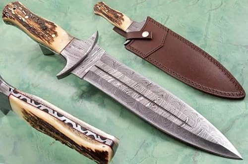Damast Bowie Messer Damaszener Stahl Jagd Jagdmesser Knife Damascus Hunting MAQ1753