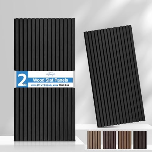 Mollywell Wood Panels for Wall, Time-Saving Installation, Versatile Wood Slat Wall Decor, Enhanced Acoustic & Sound Proof Fluted Design for Home & Office, 2 Pcs Black Oak, 47.2x23.6 Inch